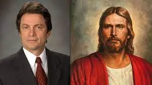 left)  Artist Del Parson, (right) Del Parson's painting "Christ in Red Robe"